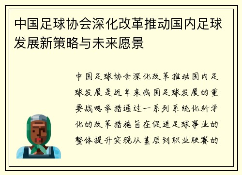 中国足球协会深化改革推动国内足球发展新策略与未来愿景